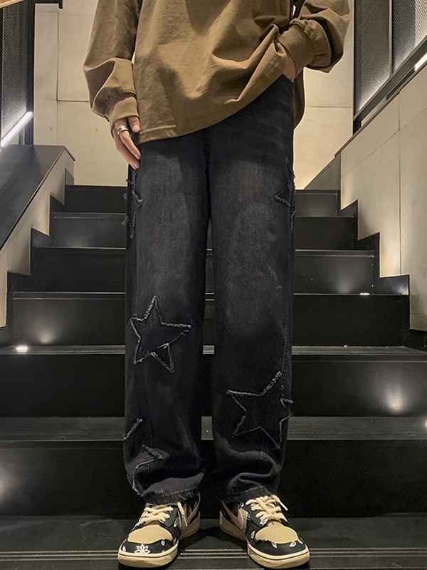 Herren Jeans mit lockerem Schnitt und geradem Bein im Star Patchwork-Stil-1