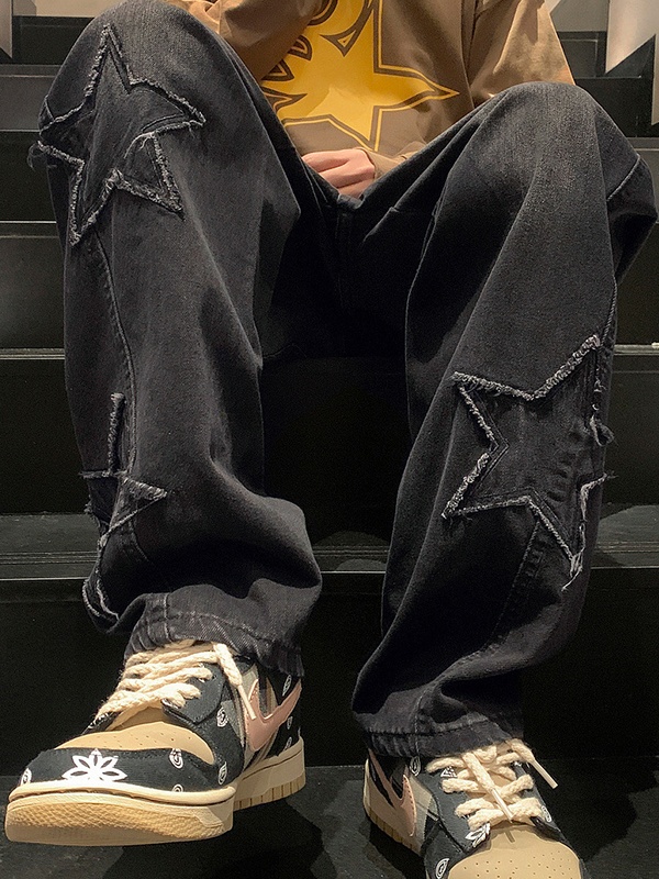 Herren Jeans mit lockerem Schnitt und geradem Bein im Star Patchwork-Stil-3