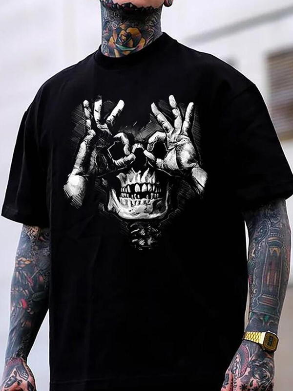 Totenkopf mit OK-Muster, lässiges T-Shirt mit schwarzem Aufdruck-2