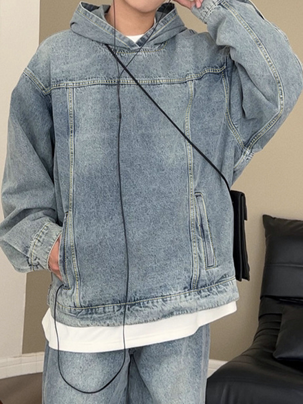Übergroßer Kapuzenpullover aus gewaschenem Vintage-Denim für Herren-3