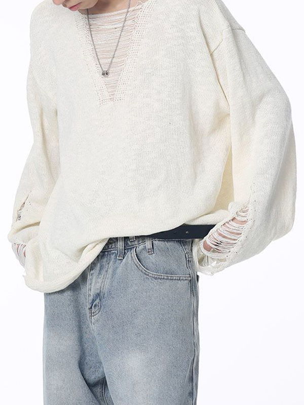 Einfarbiger Herrenpullover mit zerrissenem Design-2