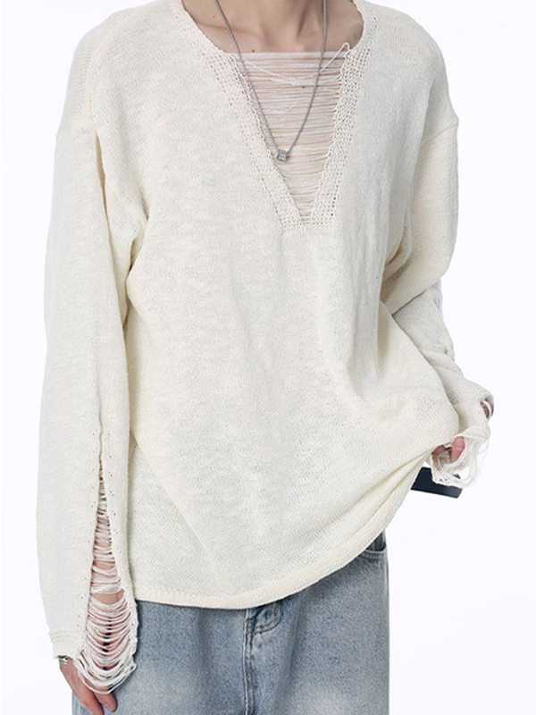 Einfarbiger Herrenpullover mit zerrissenem Design-1