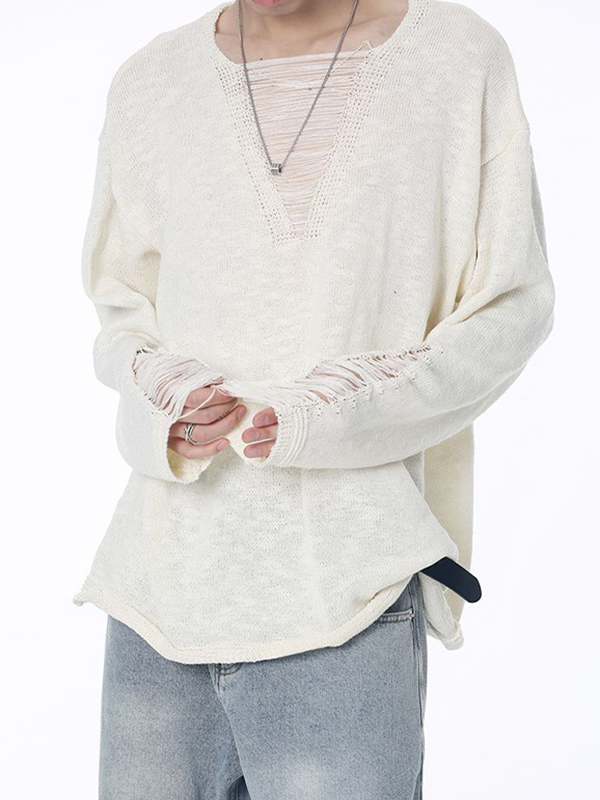 Einfarbiger Herrenpullover mit zerrissenem Design-3