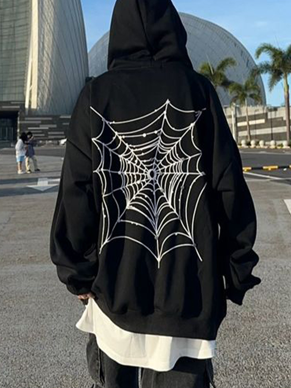 Übergroßer Kapuzenpullover mit Hip-Pop-Spinnennetz-Print für Herren-3