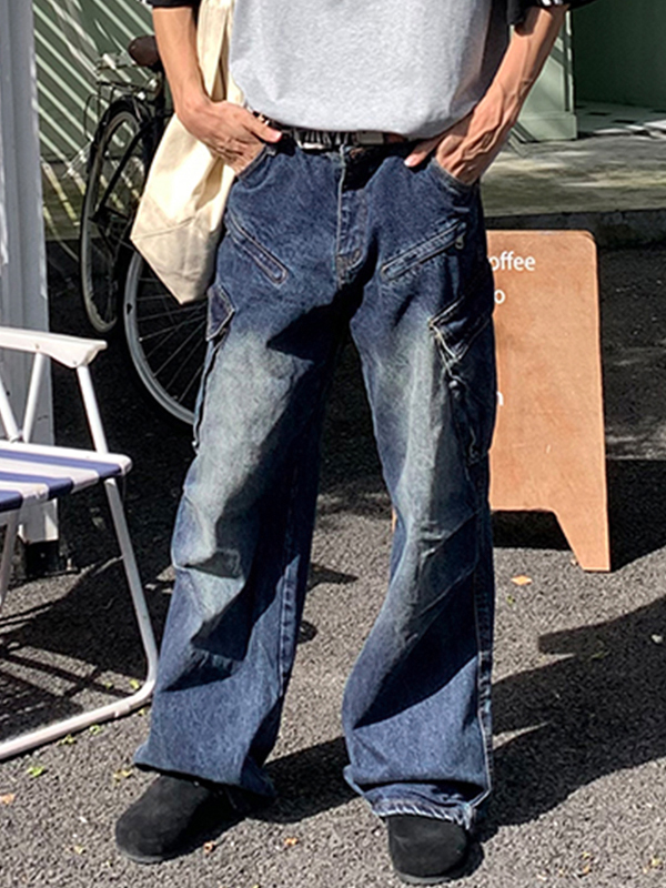 Verwaschene Herren-Cargojeans im Distressed-Look mit seitlichen großen Taschen-1