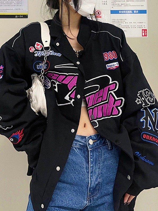 Vintage bestickte Button-Down-Motorrad-Varsity-Jacke-1