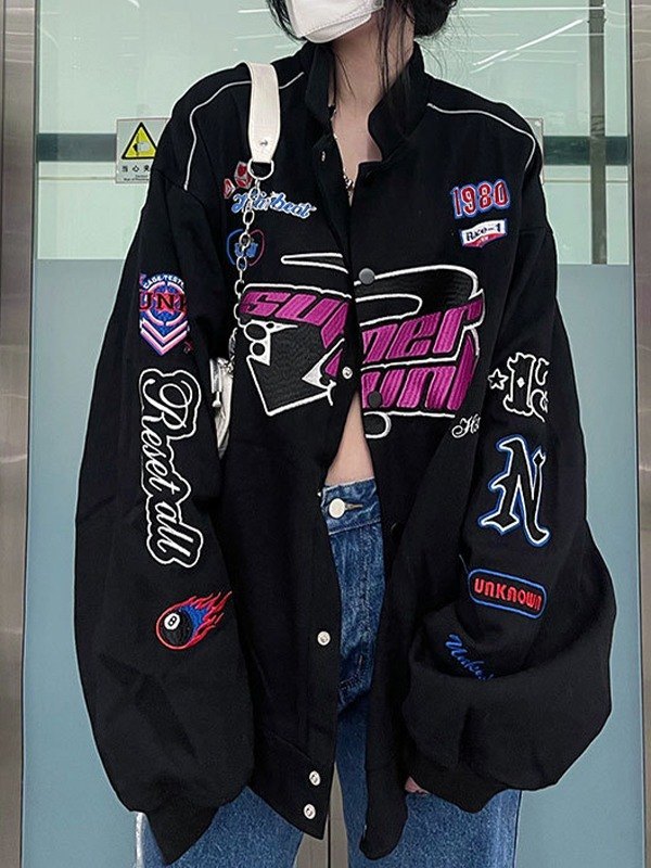Vintage bestickte Button-Down-Motorrad-Varsity-Jacke-2