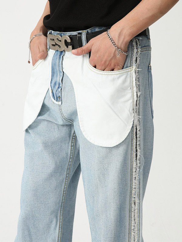 Patchwork-Jeans mit geradem Bein und Reißverschluss für Herren-3