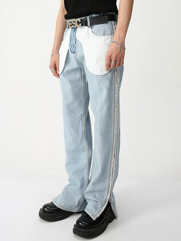 Patchwork-Jeans mit geradem Bein und Reißverschluss für Herren-1