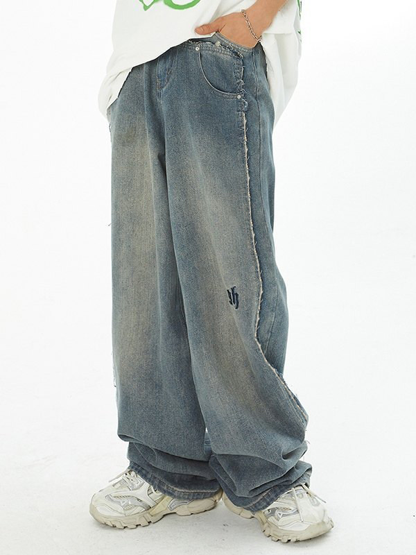 Lockere Jeans mit verblasstem Patchwork-Print und Flügel-Print für Herren-1