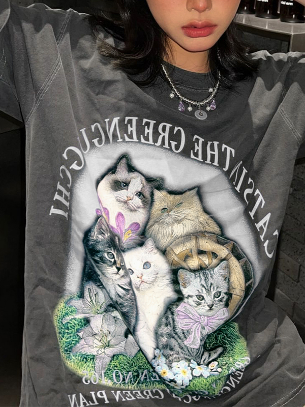 Übergroßes Kurzarm-T-Shirt mit lebendigem Katzenmuster-3