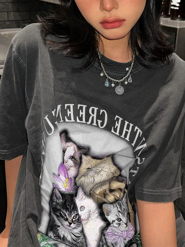 Übergroßes Kurzarm-T-Shirt mit lebendigem Katzenmuster-4
