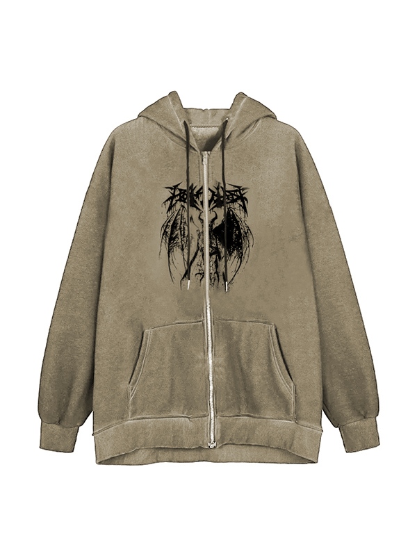 Übergroßer Kapuzenpullover mit Kordelzug und Reißverschluss für Herren mit Dämonen-Print-1