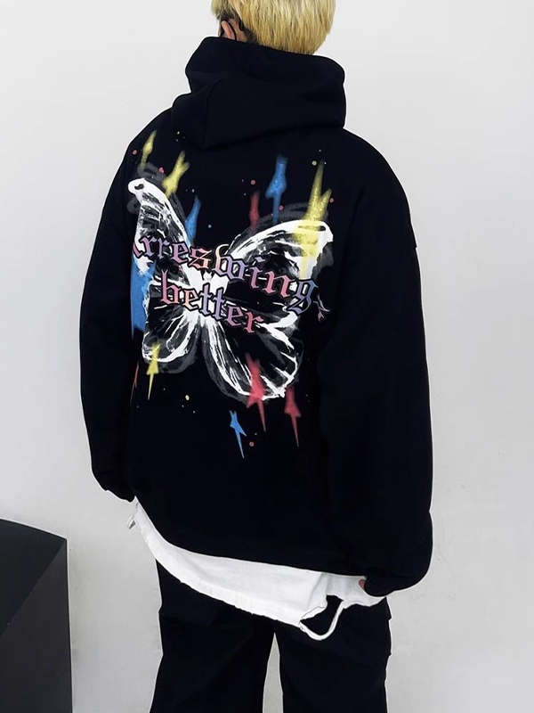 Übergroßer Street-Hoodie für Herren mit buntem Stern-Schmetterlings-Aufdruck-1