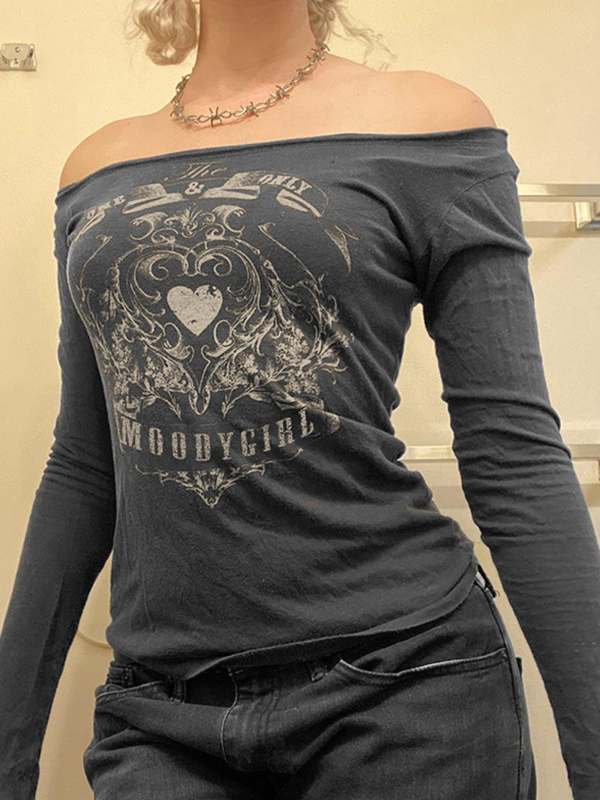Schulterfreies Langarm-T-Shirt mit Vintage-Herz-Print-2