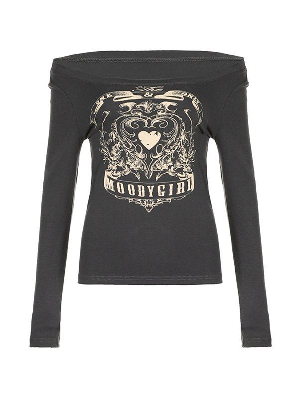 Schulterfreies Langarm-T-Shirt mit Vintage-Herz-Print-3