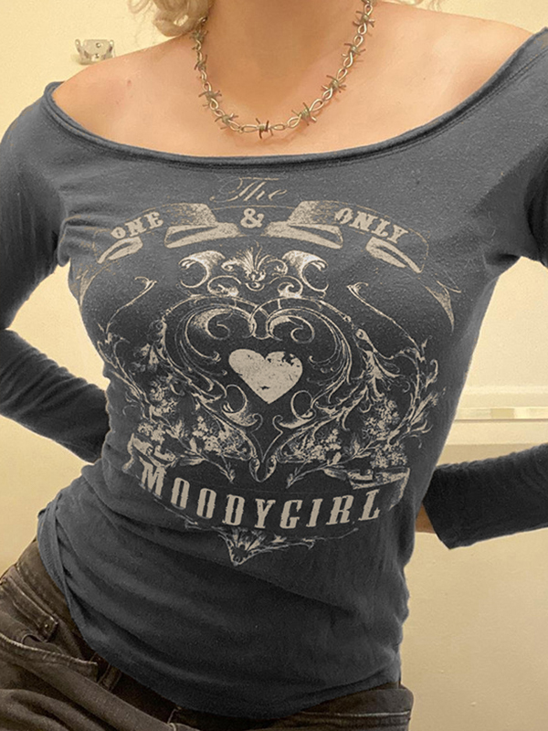 Schulterfreies Langarm-T-Shirt mit Vintage-Herz-Print-1