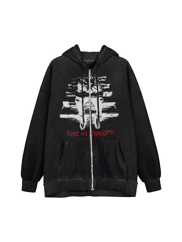 Übergroßer Kapuzenpullover mit Street-Character-Print und Reißverschluss-1