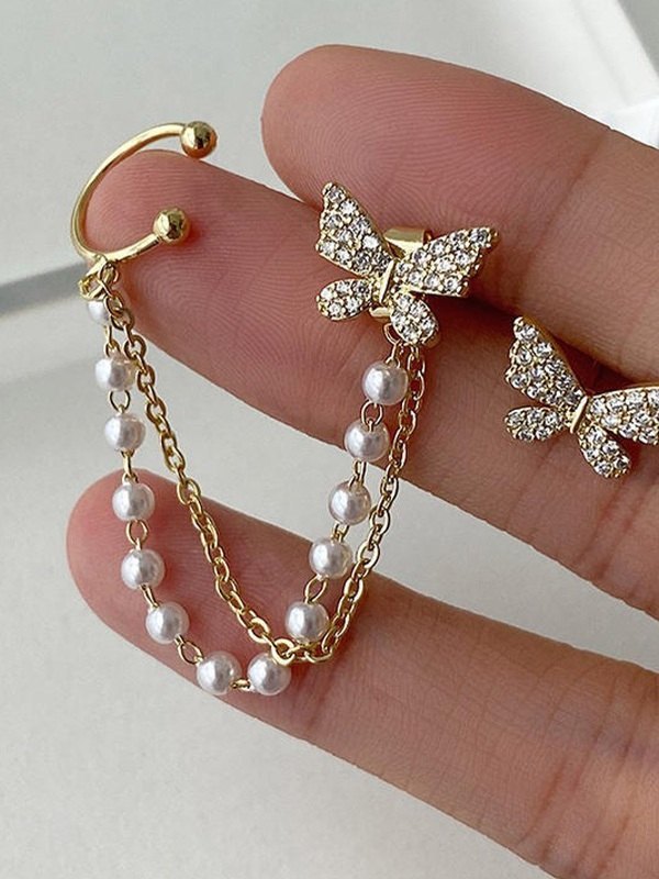 Faux-Perlen-Quasten-Strass-Schmetterlings-Ohrring-4