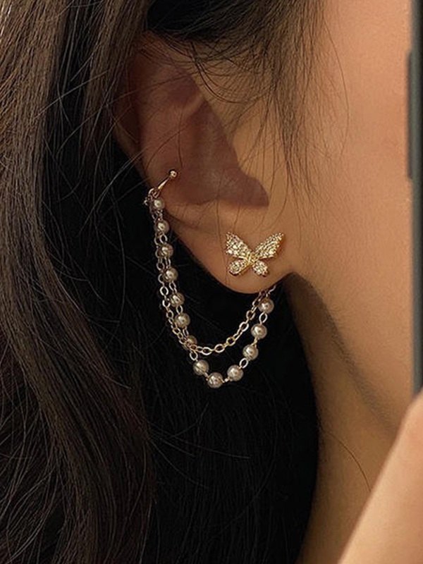 Faux-Perlen-Quasten-Strass-Schmetterlings-Ohrring-2