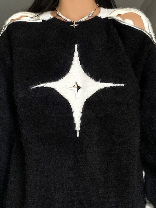 Lose Pullover mit Reißverschluss und Ausschnitt und Sternendekor-4