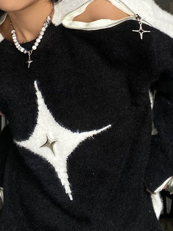 Lose Pullover mit Reißverschluss und Ausschnitt und Sternendekor-3