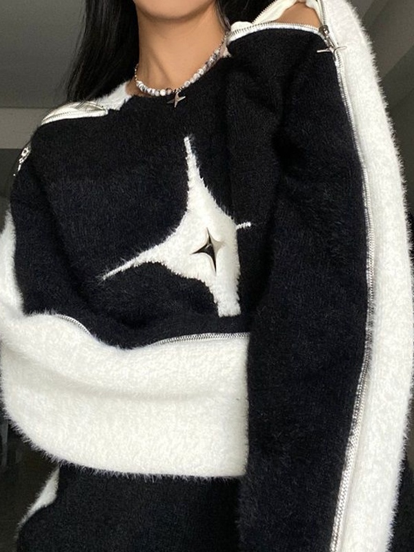 Lose Pullover mit Reißverschluss und Ausschnitt und Sternendekor-1