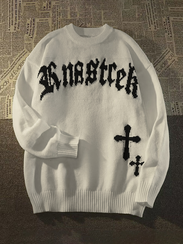Übergroßer Herrenpullover mit Vintage-Kreuzbuchstaben-Print-3