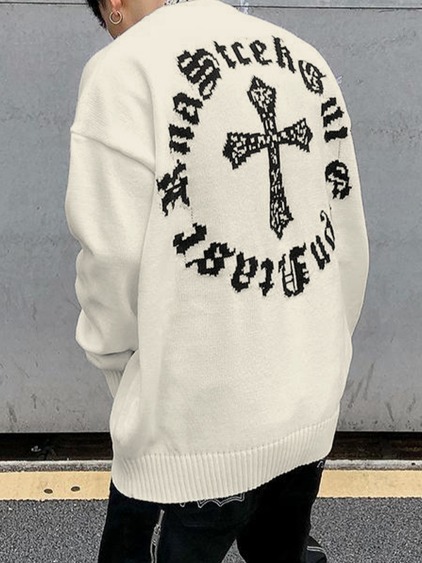 Übergroßer Herrenpullover mit Vintage-Kreuzbuchstaben-Print-1