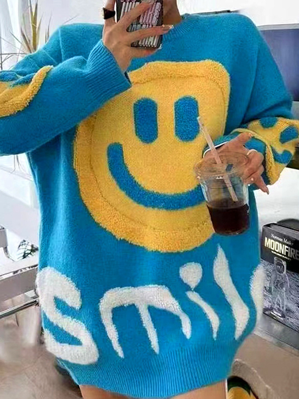 Dicker, lockerer Pullover mit Smile-Print-1