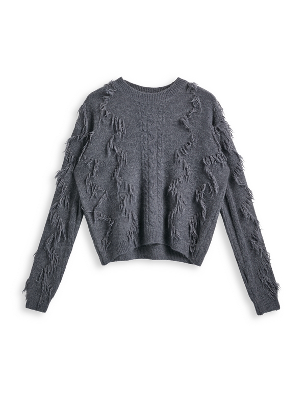 Einfarbiger Pullover mit Zopfmuster und Quasten-2